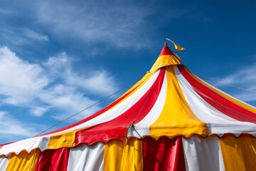 Vibrant Minimalistic Circus Tent Against a Bright Blue Sky with Clouds