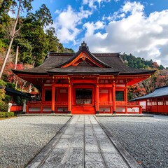 Fototapeta premium Red temple with stone path, ornate roof, against trees, blue sky with clouds on a clear autumn day