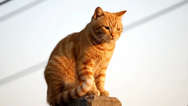 Ginger tabby cat sitting on concrete post at sunset - Generative AI