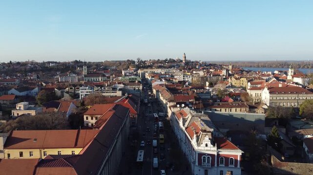 Drone flight at sunset above the Zemum district, Belgrade, Serbia, Europe.