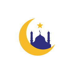 Islamic mosque silhouette with crescent moon and star vector for Ramadan and Eid design