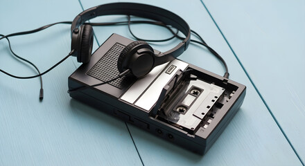 Vintage headphones resting on a retro cassette player on a blue wooden surface viewed from above
