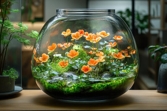 Fish swimming in a plant-filled bowl.