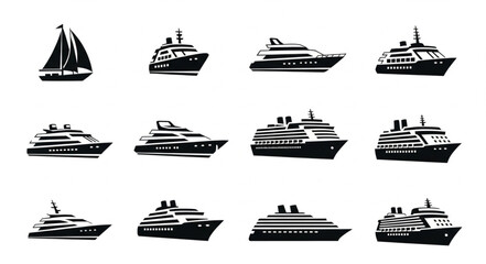 Collection of various black and white boat illustrations, perfect for nautical themes and designs. © emo
