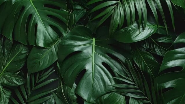 Lush green tropical monstera and palm leaves background with dense foliage for exotic nature or botanical theme