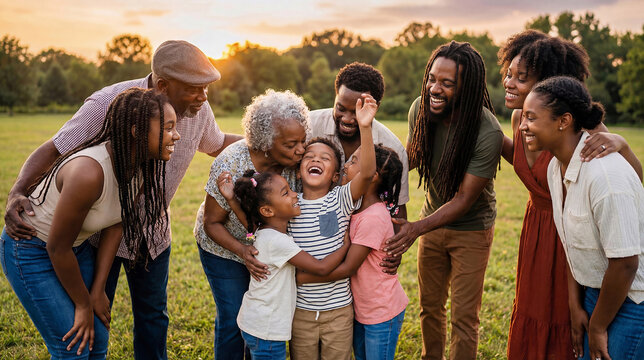 Happy multi-generational black family embracing and laughing together in a park at sunset