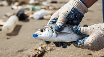 Fish with blue plastic in mouth on polluted beach. A person holding a sea bass with plastic waste in its mouth, highlightin.