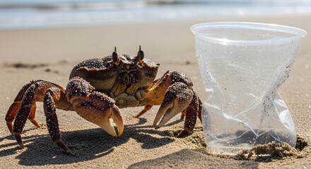 Obraz premium Horned ghost crab next to discarded plastic cup. A powerful image illustrating the impact of plastic pollution on marine wi.