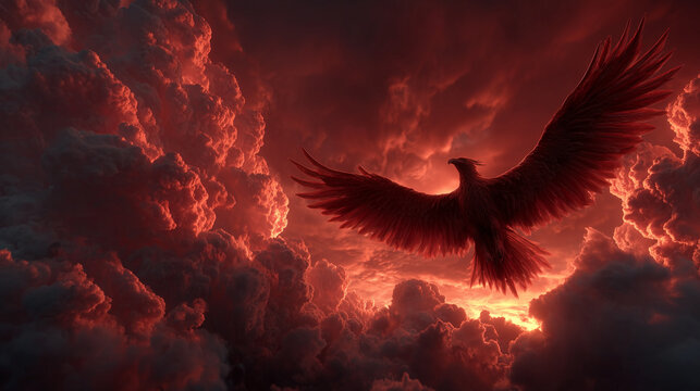 a red phoenix bird is flying over the sky look wonderful , red color tone.