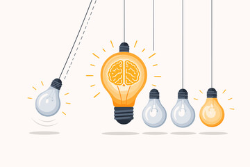 Creative Inspiration Concept with Glowing Light Bulb and Brain Icon Inside as Metaphor for Good Idea, Solution, and Thinking Process. Newton's Cradle Illustration for Innovation and Insight.