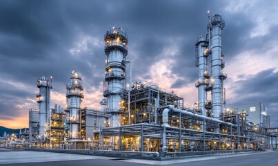 Fototapeta premium High-Resolution Image of a Modern Petrochemical Refinery at Sunset with Dramatic Skies
