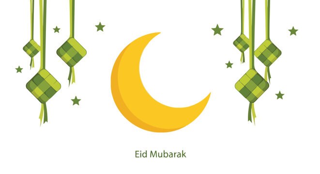 Eid Mubarak crescent moon and ketupat green decoration festive greeting card vector
