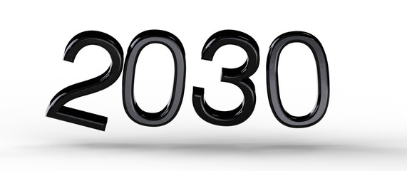 Bold black 2030 text in a 3D effect on white. Represents the concept of the future, New Year, planning, and vision for