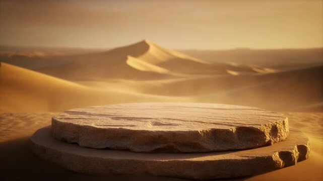 Futuristic digital grid vector animation forming a network connection in a desert landscape with a stone podium