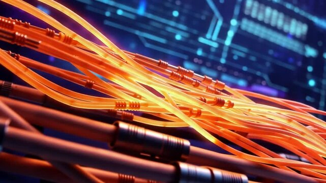 A close-up of numerous orange cables with metal connectors, illuminated against a dark blue background with glowing blue lines and circuits