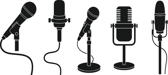 Professional microphone silhouettes set including studio, handheld and vintage retro mics isolated for podcast and broadcasting design © Sumon Creative