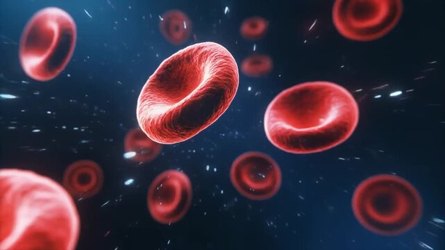 A digital illustration of numerous red blood cells suspended in a dark blue fluid, with some cells overlapping and showcasing their distinctive biconcave disk shape
