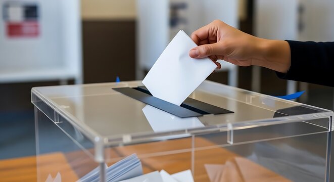 Voting Process - Hand Placing Ballot in Transparent Ballot Box.