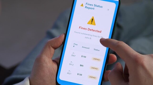 smartphone screen discovering outstanding penalties on a digital verification portal. Modern app interface showing unpaid debt results. Essential for financial management, law enforcement, and debt