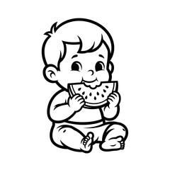 Fototapeta premium Toddler eating watermelon slice while sitting and smiling 