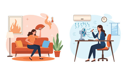 Fototapeta premium Women in contrasting situations depicting hot summer weather and effective methods of cooling down indoors.