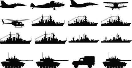 Military vehicle silhouettes, aircraft and tank icons, naval ship vector illustration, combat transport design, black war equipment artwork, defense concept graphics © Md Shahedul