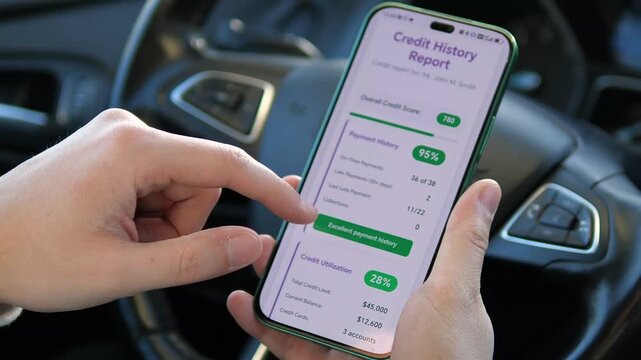 Close-up of a person monitoring a 780 credit score and payment history via a mobile fintech app. Perfect for concepts of financial freedom, loan approval, mortgage planning, and personal wealth