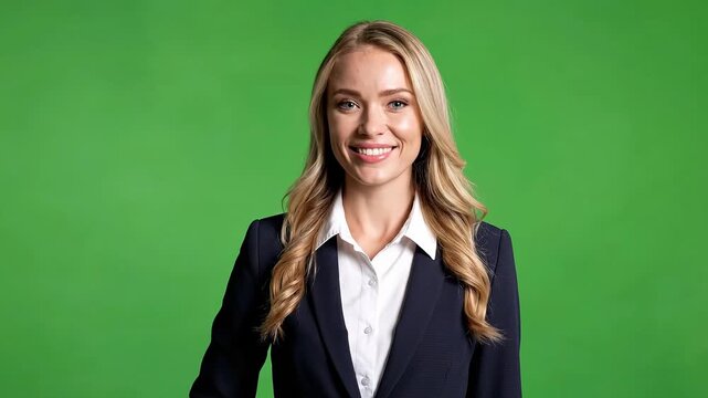 Smiling Businesswoman Showing OK Hand Sign on Green Screen &ndash; Confident Professional Woman Portrait for Chroma Key Background