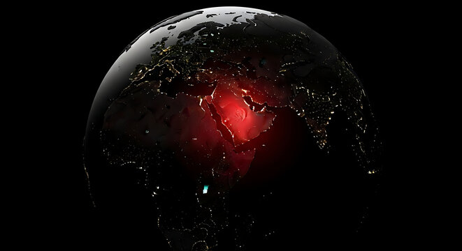 A dark globe with a glowing red light centered on a continent