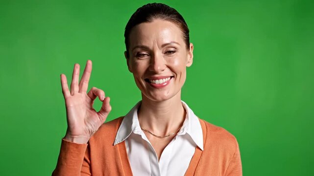Smiling Woman Showing OK Hand Gesture on Green Screen Background &ndash; Confident Professional Portrait for Chroma Key Compositing