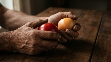 Senior hands holding two tomatoes in rustic style, warm red and brown colors, organic farming and harvesting concept, with copy space
