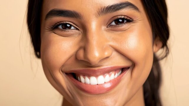 Close up portrait of a young woman with a radiant smile and glowing skin against a neutral background