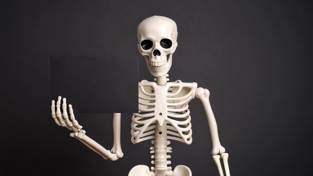 Human skeleton model holding and looking at a black digital tablet device against a dark background