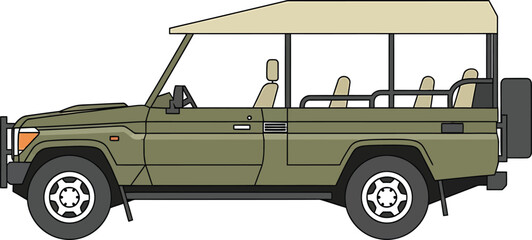 A vintage safari vehicle with a canvas top parked on a dirt road © Sultan