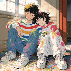 Obraz premium Anime couple covered in colorful paint splatters sitting on floor