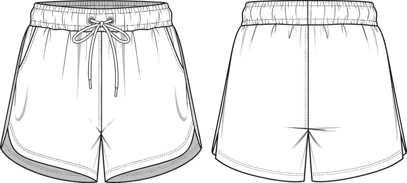 Women athletic shorts vector illustration, front and back view, elastic waistband drawstring design, sportswear apparel technical fashion flat sketch template