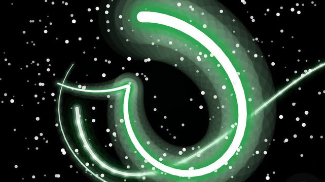 A green neon spiral arrow surrounded by white dots on a black background, viewed from a straightforward perspective