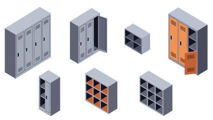 Fototapeta premium Comprehensive set of isometric illustrations showcasing various metal lockers and modular storage cubes in different configurations and colors, ideal for schools or offices.