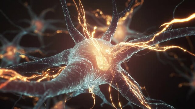 Neuron cell with glowing orange dendrites on black background