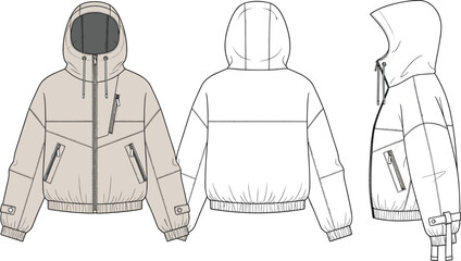 Women cropped hooded bomber jacket vector template, front back and side view zip up outerwear technical fashion flat sketch illustration © It's Majed Here