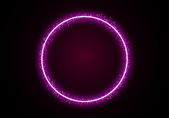 Obraz premium Neon glowing pink circular ring frame with glittering dust particles on dark background. Electric luminous neon light effect shiny circular border for modern design and mockups. Vector illustration.