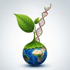 Green leaves and dna strand emerging from the earth globe on gray background
