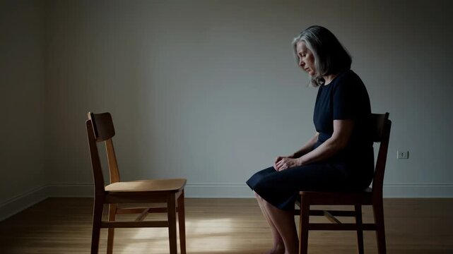 Melancholy sequence of a lonely senior caucasian woman sitting in a dimly lit room. She grieves next to an empty chair symbolizing the loss of a loved one or partner
