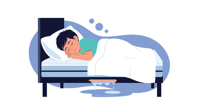 Illustration of a young boy sleeping peacefully in bed unaware that he has wet the mattress during the middle of the night.