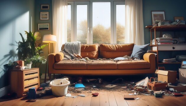 a cluttered living room with a dirty couch random items thrown haphazardly on the floor and an overall sense of chaos and disarray evoking the challenges of maintaining a tidy space