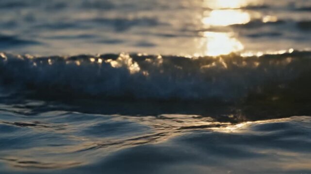 Extreme close-up realistic ocean surface with gentle wave motion, natural sunlight reflection shimmering on water, detailed ripples and micro textures, slow cinematic movement