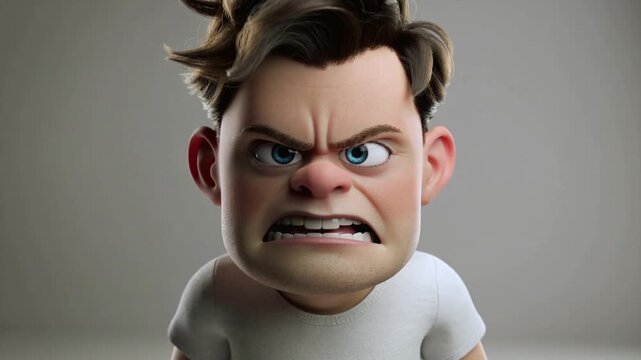 An angry cartoon man with a furrowed brow and clenched teeth, expressing frustration, in a close-up 3D animated scene from a frontal viewpoint