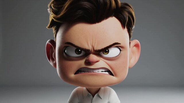A cartoon character with an angry expression, furrowed brow, and scowling face, in a close-up 3D rendered view, like angry cartoon-20.mp4