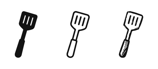 Slotted Spatula Icon Set: Kitchen Utensil in Glyph, Outline, and Hand-Drawn Styles for Cooking and Frying © drawing lines