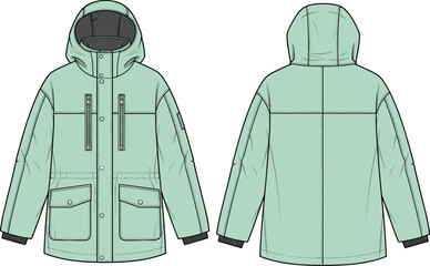 Women hooded winter parka jacket vector template, front and back view insulated coat with pockets, technical fashion flat sketch illustration design © It's Majed Here